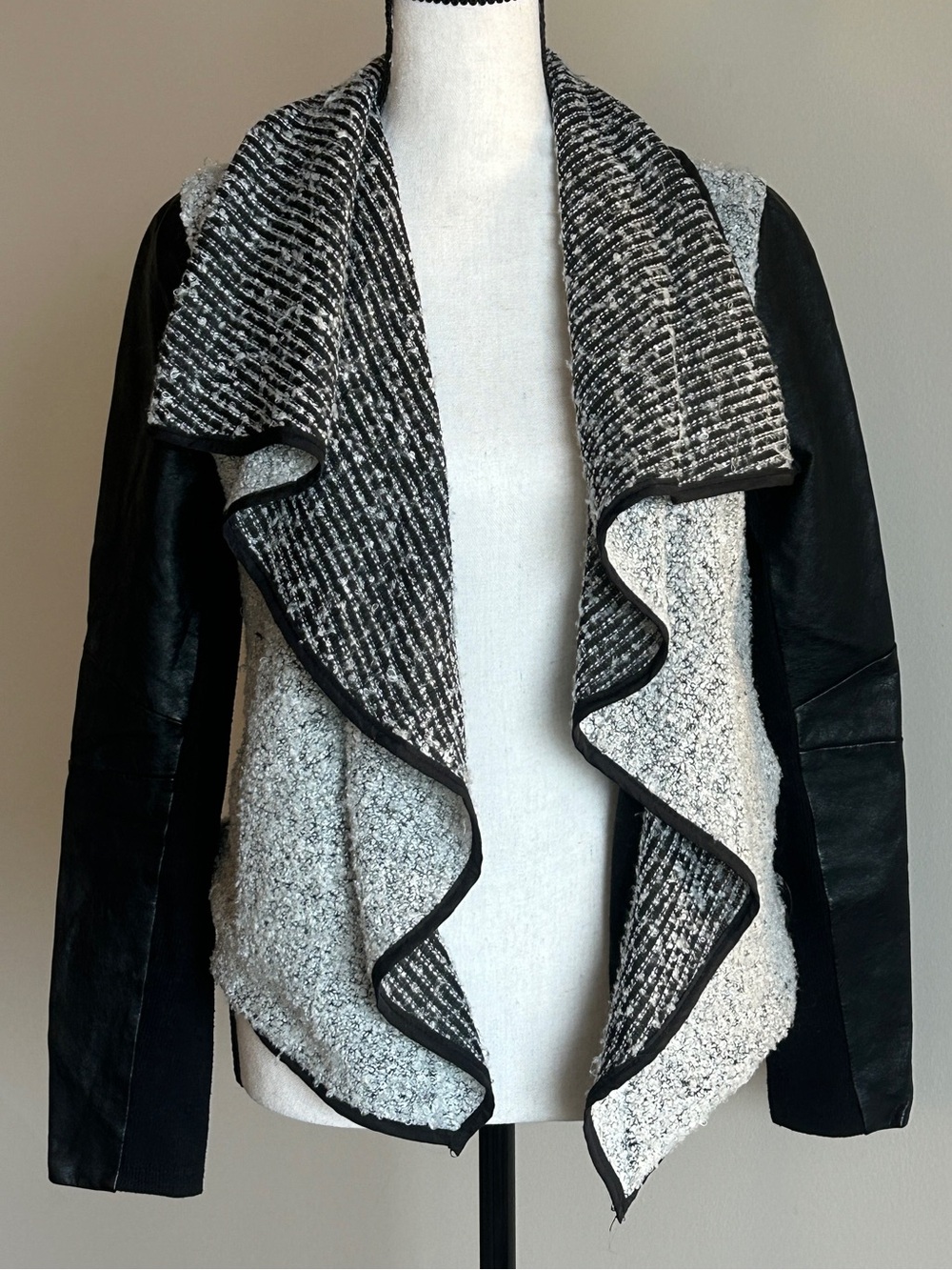 Open-Front Black & Gray Kit Faux Leather Sleeve Waterfall Jacket Small